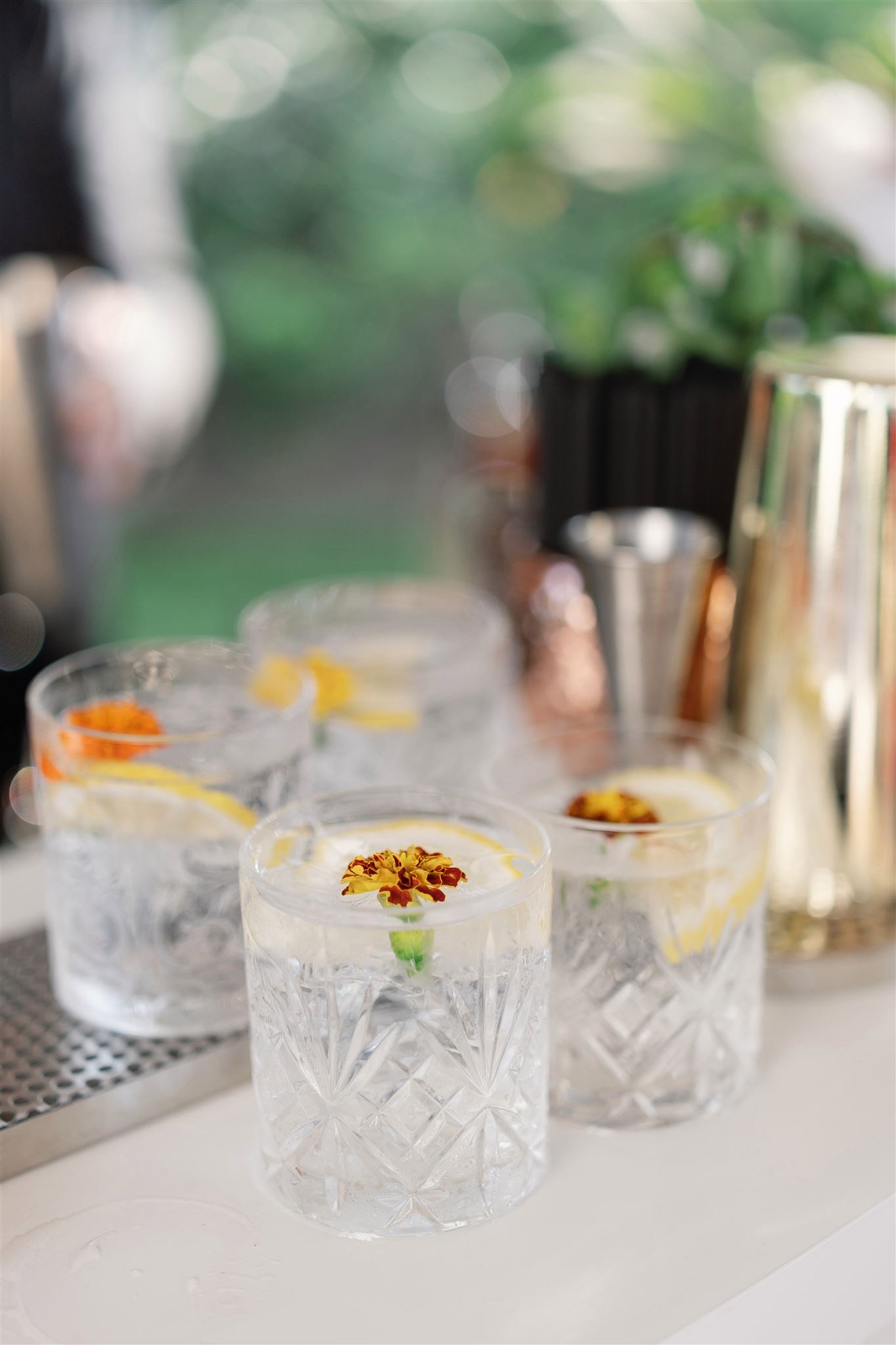 Botanical gin & tonics with fresh flowers served at luxury open bar in Tuscany wedding
